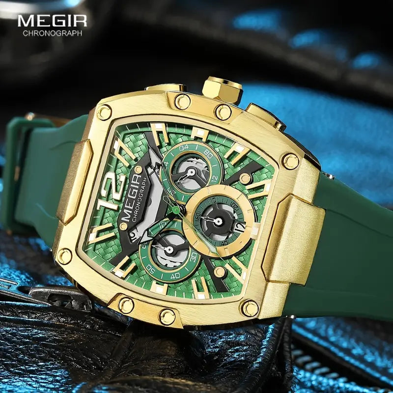 Reloj de cuarzo deportivo de moda MEGIR cronógrafo para mujeres y hombres resistente al agua con puntero tonneau luminoso, calendario analógico y fecha
