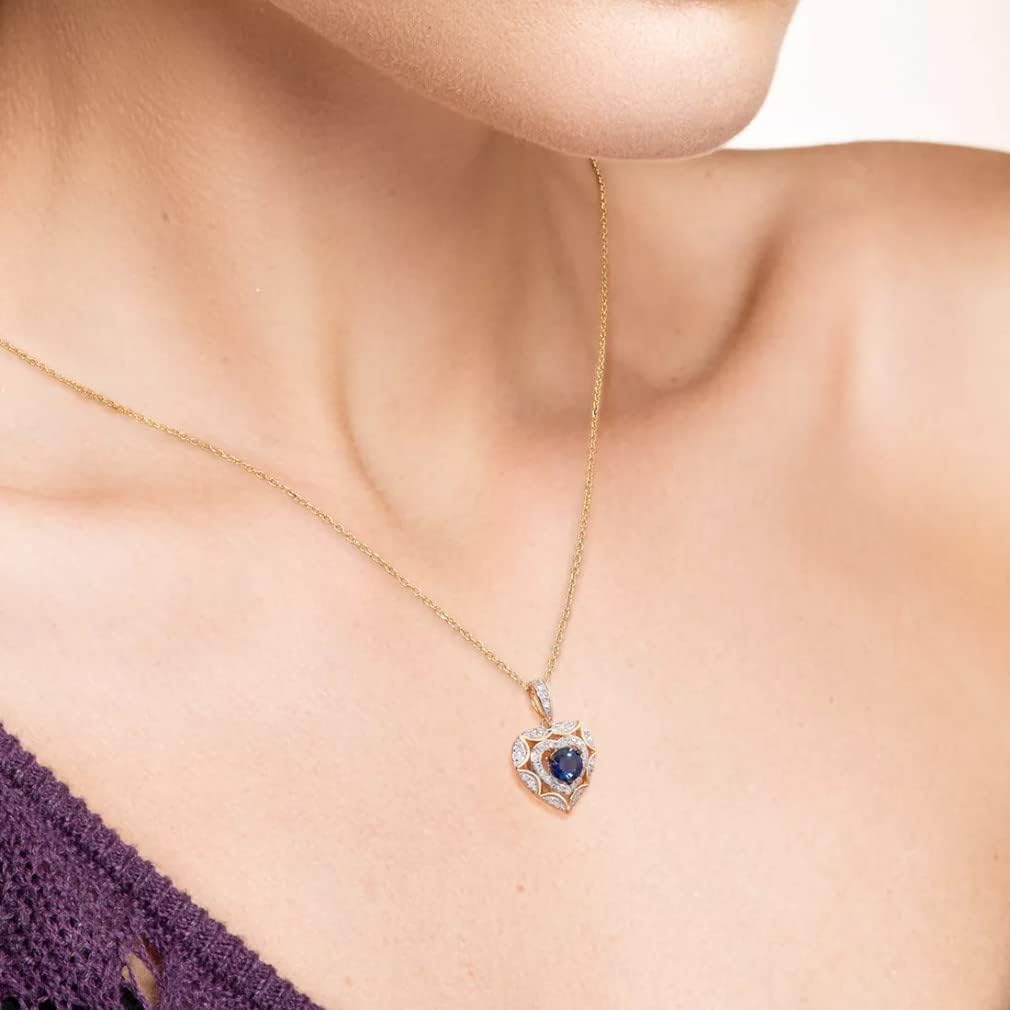 ZHUDJ Colgante de Oro Amarillo de 14 K para Mujer, Diamante Brillante, Zafiro Azul, Exquisito Collar de corazón, Colgante, Regalo, joyería Fina