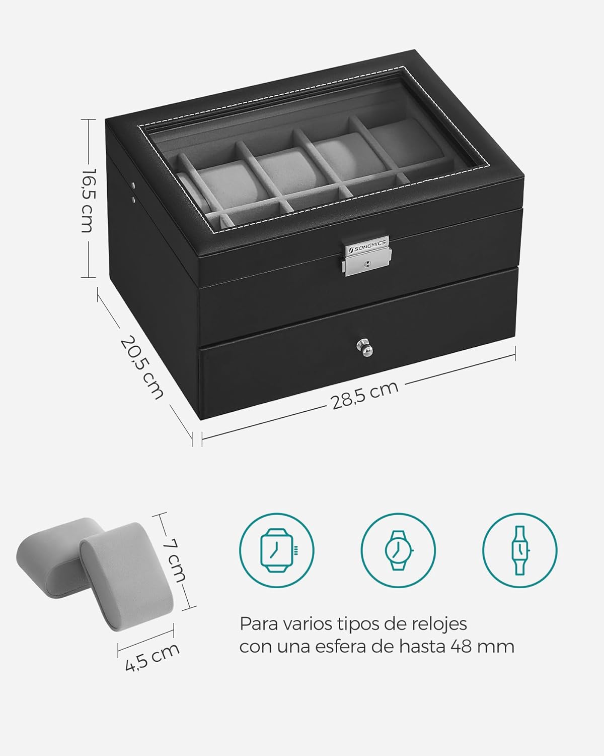 SONGMICS Caja de Relojes, Estuche de Relojes con Tapa de Cristal de 2 Niveles, con Cerradura, 1 Cajón, para Anillos, Pulseras, Regalo Ideal, Cuero Sintético Negro y Forro Gris JWB020