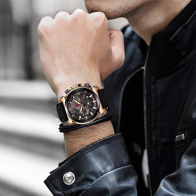 Relojes Hombre Relojes de Pulsera Marea Cronometro Impermeable Fecha Calendario Analogicos Cuarzo Relojes de Hombre Deportivo Casual Clásicos Multifunción con Correa de Cuero