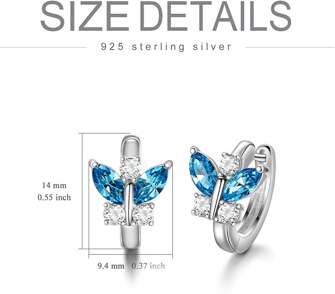 Mariposas Plata de Ley 925 Pendientes para Niños con Cristales, Regalos de Joyería de Mariposas para Mujeres (Aguamarina Simulada)