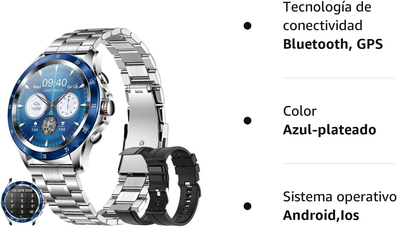Relojes Inteligente Hombre con Llamadas, Smartwatch Pulsómetro Presión, Monito de Sueño, SpO2, Podómetro Arterial Pulsera Actividad Inteligente Deportivo Reloj para Android y iOS(Plata Azul)