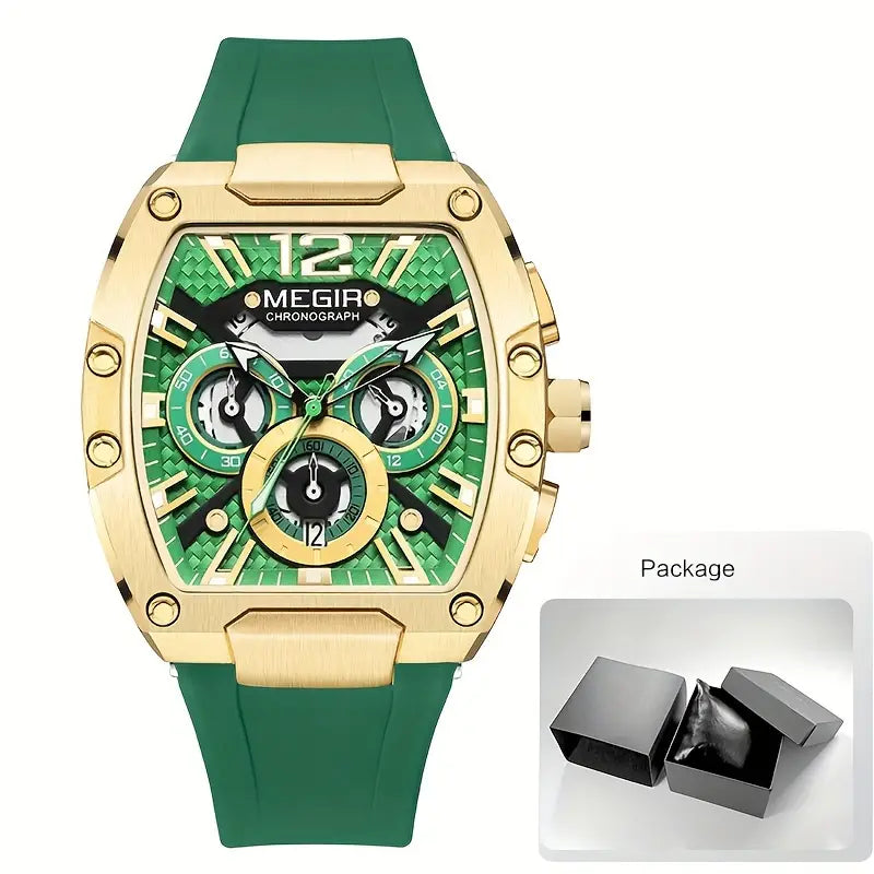 Reloj de cuarzo deportivo de moda MEGIR cronógrafo para mujeres y hombres resistente al agua con puntero tonneau luminoso, calendario analógico y fecha