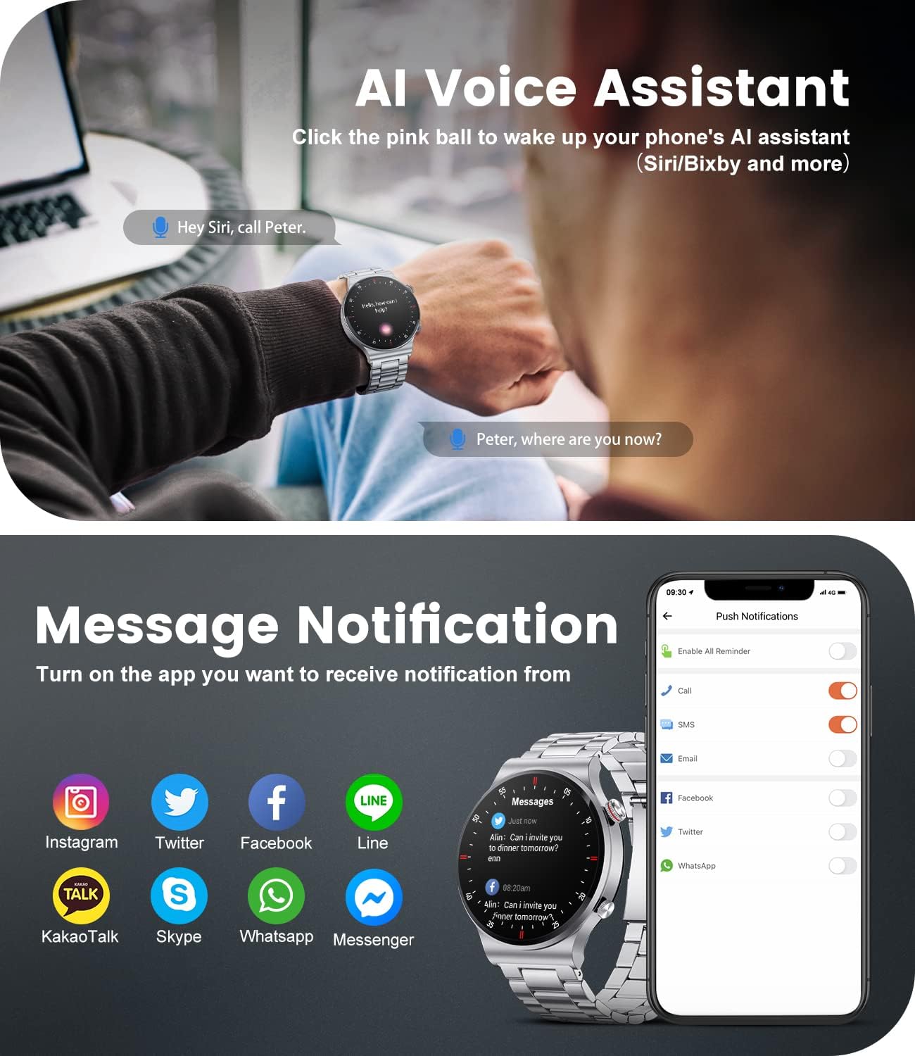 SUNKTA Reloj Inteligente Hombre con Llamadas y Asistente Voz, 1.39'' Smartwatch con 2 Correas, Música, 100+ Modos Deportes, Pulsómetro, Notificaciones Inteligentes Reloj Deportivo para Android iOS