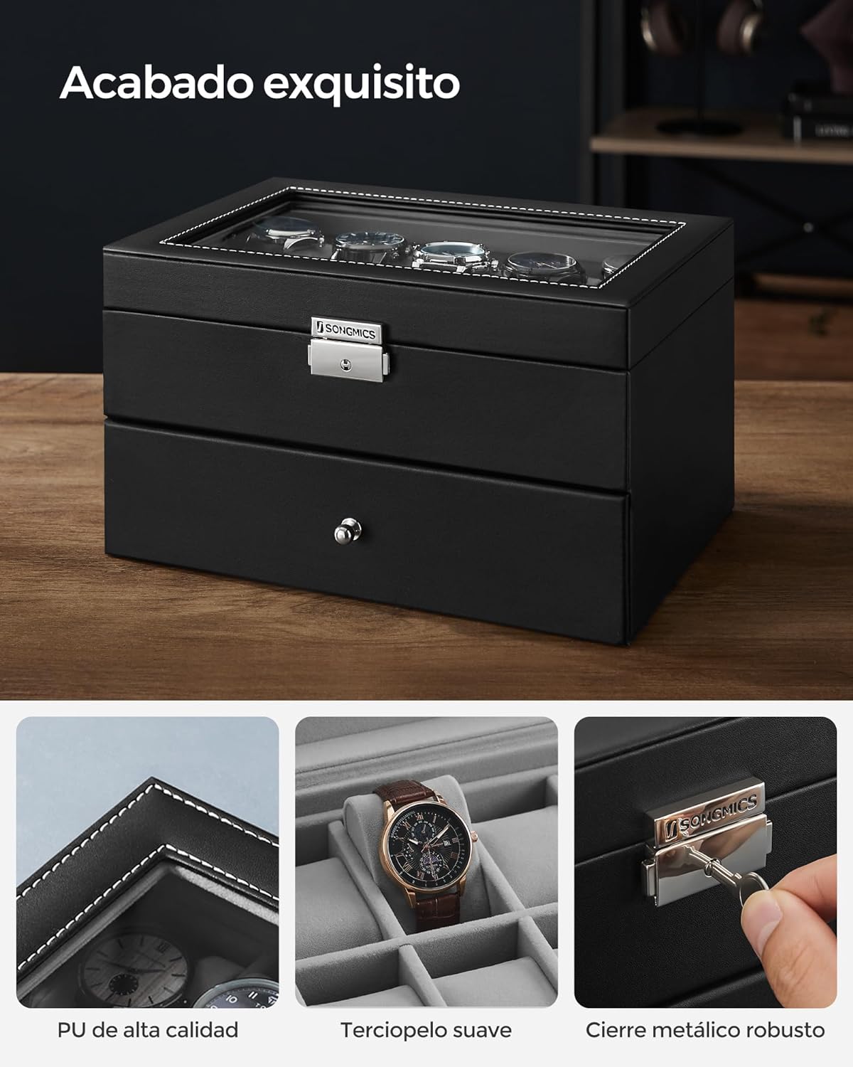 SONGMICS Caja de Relojes, Estuche de Relojes con Tapa de Cristal de 2 Niveles, con Cerradura, 1 Cajón, para Anillos, Pulseras, Regalo Ideal, Cuero Sintético Negro y Forro Gris JWB020