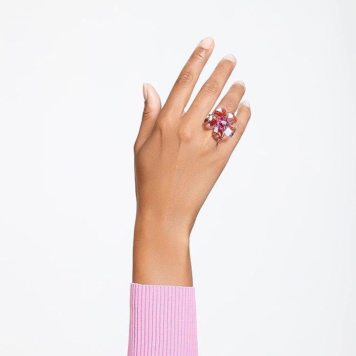 Swarovski Anillo de cóctel Florere, Flor, Rosa, Baño tono oro