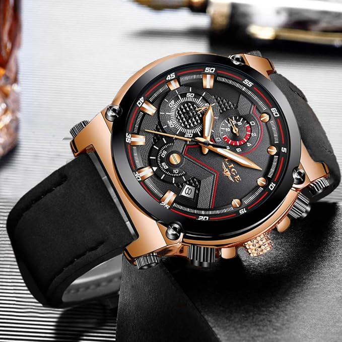 Relojes Hombre Relojes de Pulsera Marea Cronometro Impermeable Fecha Calendario Analogicos Cuarzo Relojes de Hombre Deportivo Casual Clásicos Multifunción con Correa de Cuero