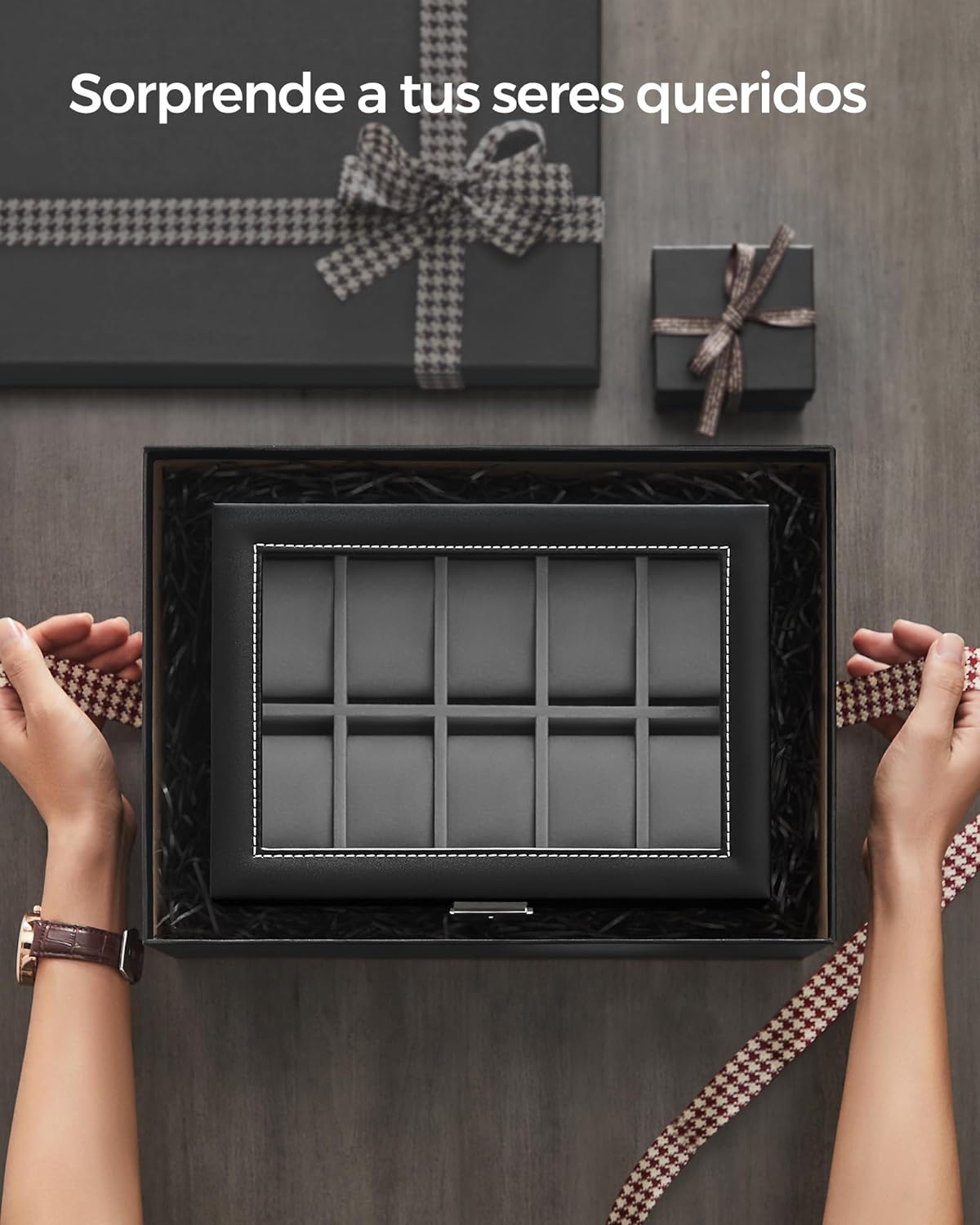 SONGMICS Caja de Relojes, Estuche de Relojes con Tapa de Cristal de 2 Niveles, con Cerradura, 1 Cajón, para Anillos, Pulseras, Regalo Ideal, Cuero Sintético Negro y Forro Gris JWB020