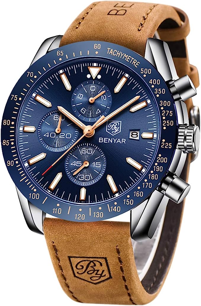 BENYAR - Reloj de Cuarzo para Hombre, Correa de Cuero, diseño Deportivo de Negocios, Resistente a los arañazos, Resistente al Agua, Regalos Elegantes para Hombre