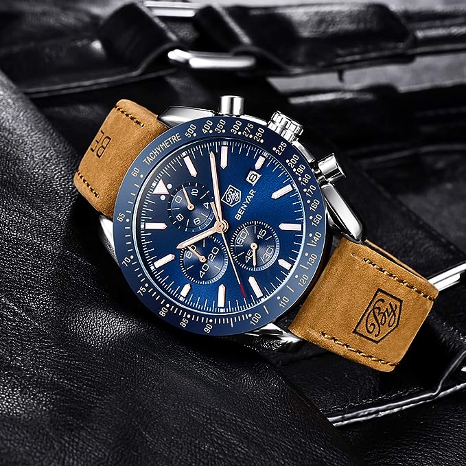 BENYAR - Reloj de Cuarzo para Hombre, Correa de Cuero, diseño Deportivo de Negocios, Resistente a los arañazos, Resistente al Agua, Regalos Elegantes para Hombre