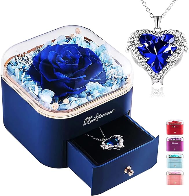 Real Rosa Eterna con Collar Mujer Regalo, Día de la Madre Regalo para Madre, Rose Preservada Caja Joyería, Rosa Regalo Aniversario San Valentin Cumpleaños Regalo para Novia Esposa Madre Abuela