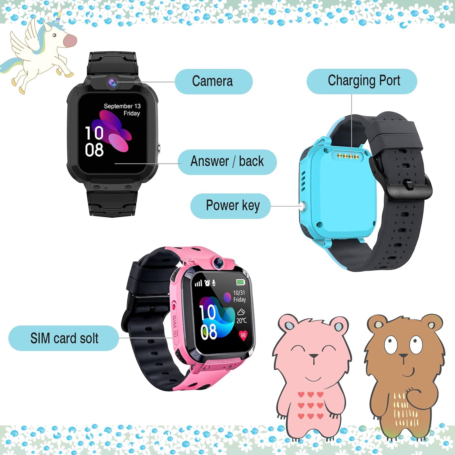 Children's GPS Watch, Children's Smartwatch with GPS and Calls IP68 Waterproof, Boy's Girls' Smart Watch with Touch Screen and SOS, Game, Music, Camera, Alarm Clock, Gift for Student Boys and Girls