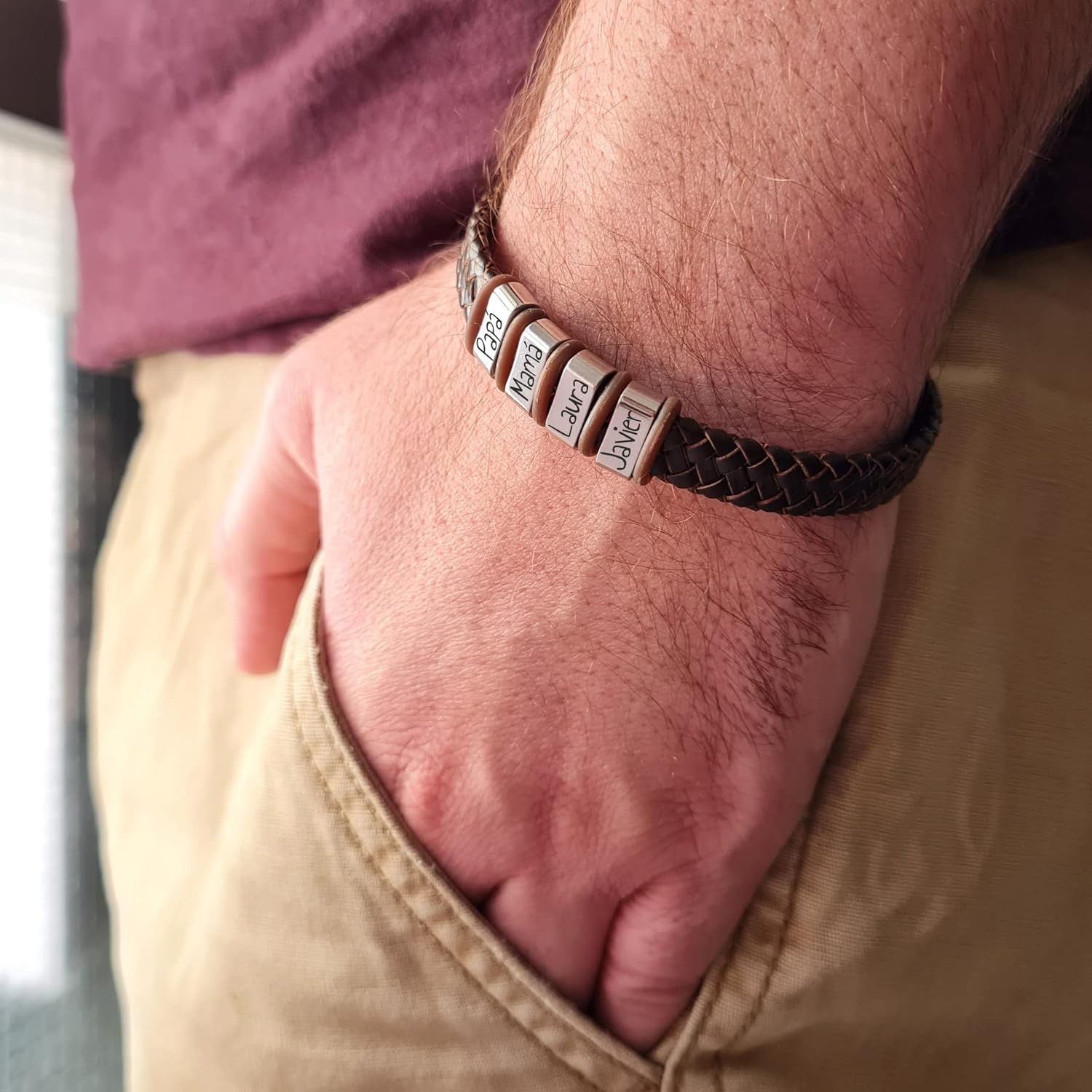 Pulsera con nombres personalizada, para todas las tallas, ajustable, acero inoxidable. (22, Marrón)