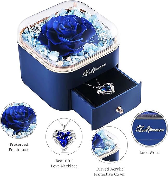 Real Rosa Eterna con Collar Mujer Regalo, Día de la Madre Regalo para Madre, Rose Preservada Caja Joyería, Rosa Regalo Aniversario San Valentin Cumpleaños Regalo para Novia Esposa Madre Abuela