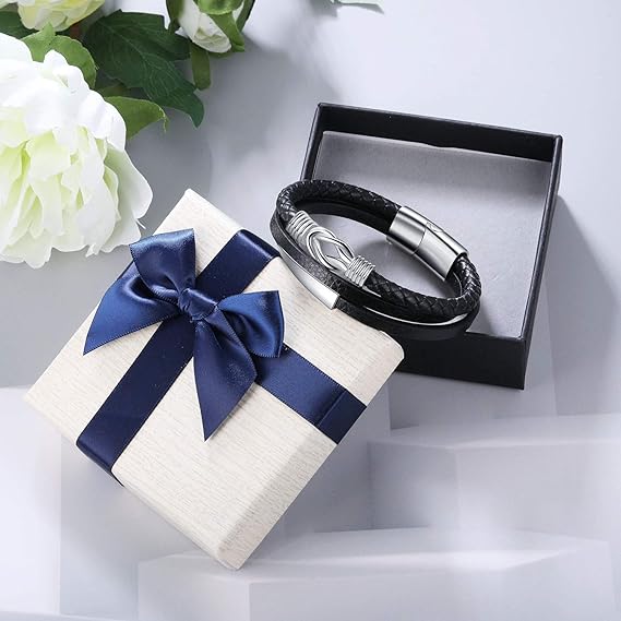 Gkmamrg Men's Black Leather Bracelet, Braided Genuine Leather Strap, Wide Screw-On Bracelet with Magnetic Clasp (Leather Bracelet with Extra Links)