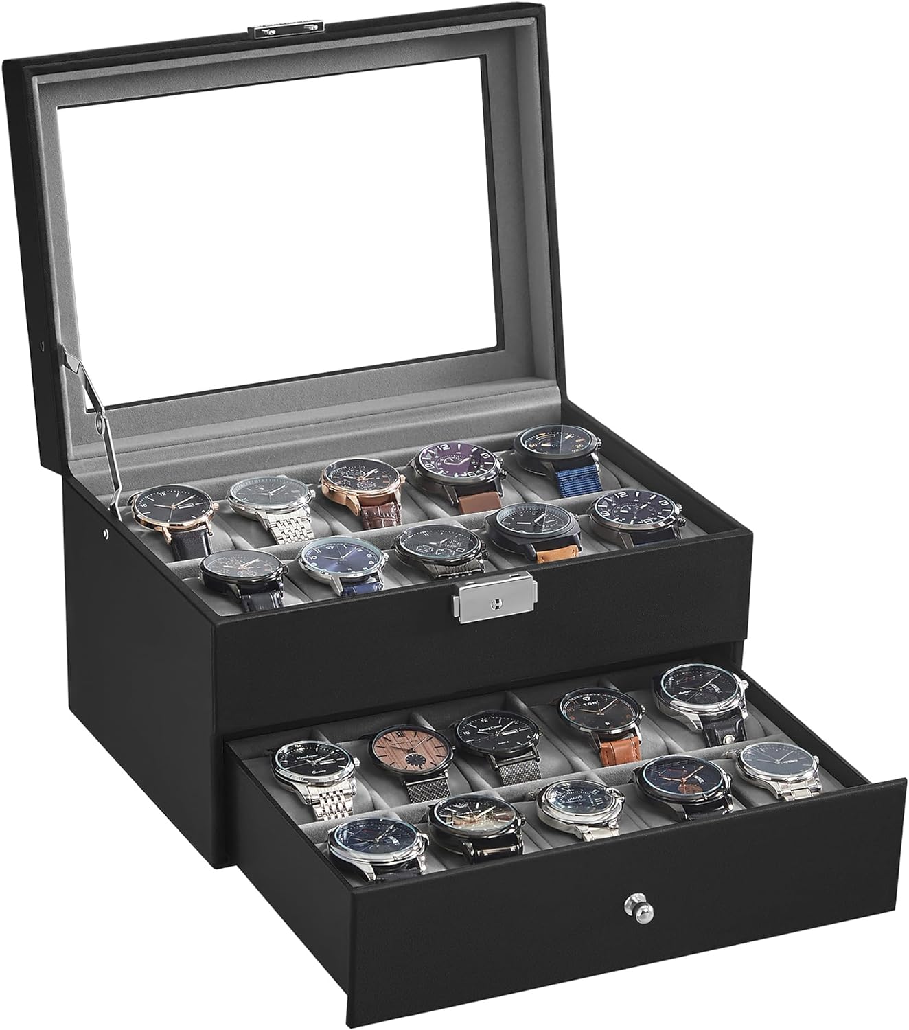 SONGMICS Caja de Relojes, Estuche de Relojes con Tapa de Cristal de 2 Niveles, con Cerradura, 1 Cajón, para Anillos, Pulseras, Regalo Ideal, Cuero Sintético Negro y Forro Gris JWB020