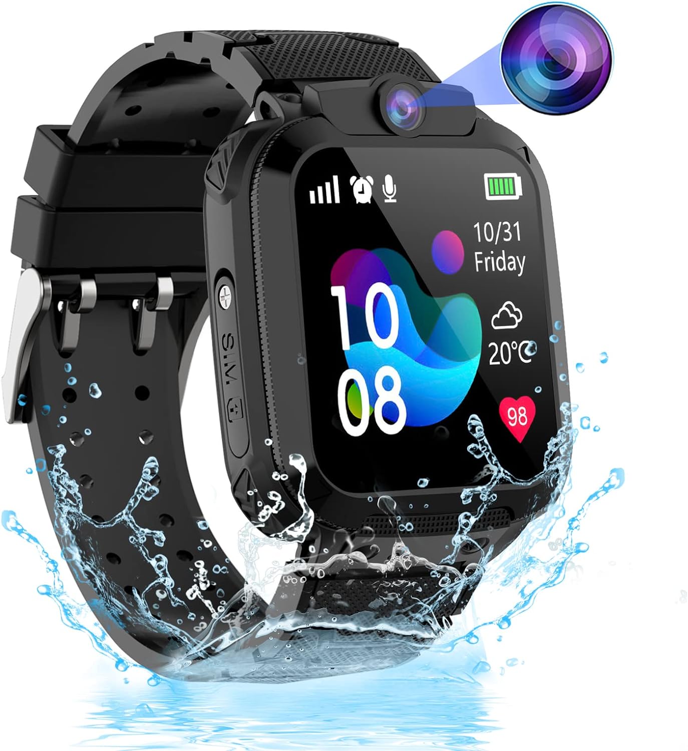 Children's GPS Watch, Children's Smartwatch with GPS and Calls IP68 Waterproof, Boy's Girls' Smart Watch with Touch Screen and SOS, Game, Music, Camera, Alarm Clock, Gift for Student Boys and Girls