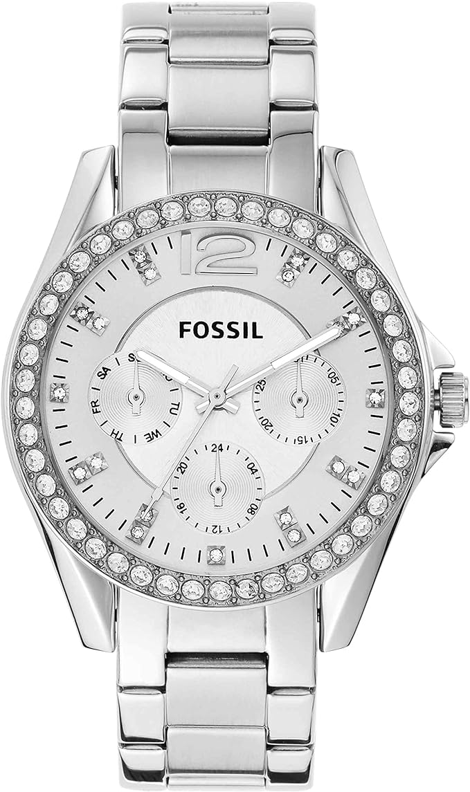 Fossil Riley Reloj para Mujer, Movimiento cronógrafo con Correa de Acero o Piel