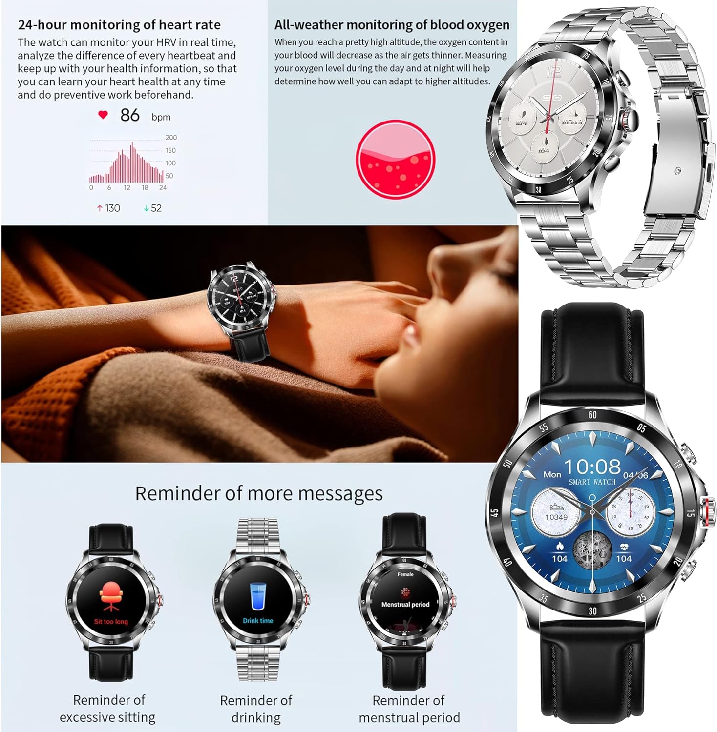 Relojes Inteligente Hombre con Llamadas, Smartwatch Pulsómetro Presión, Monito de Sueño, SpO2, Podómetro Arterial Pulsera Actividad Inteligente Deportivo Reloj para Android y iOS(Plata Azul)