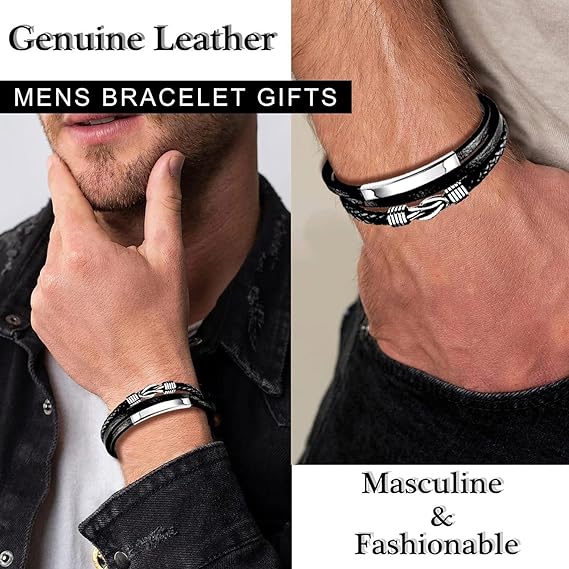 Gkmamrg Men's Black Leather Bracelet, Braided Genuine Leather Strap, Wide Screw-On Bracelet with Magnetic Clasp (Leather Bracelet with Extra Links)
