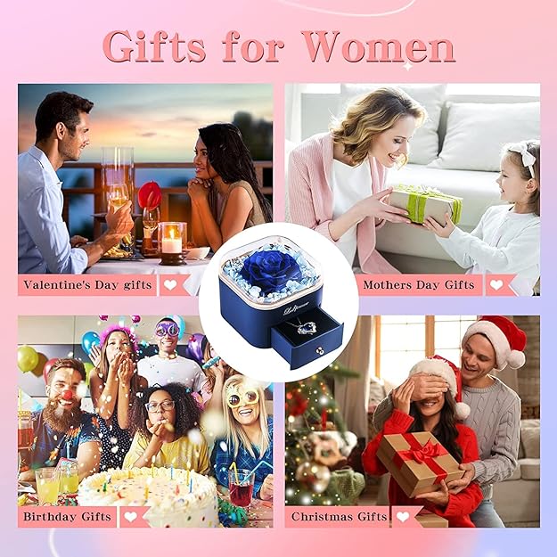 Real Rosa Eterna con Collar Mujer Regalo, Día de la Madre Regalo para Madre, Rose Preservada Caja Joyería, Rosa Regalo Aniversario San Valentin Cumpleaños Regalo para Novia Esposa Madre Abuela
