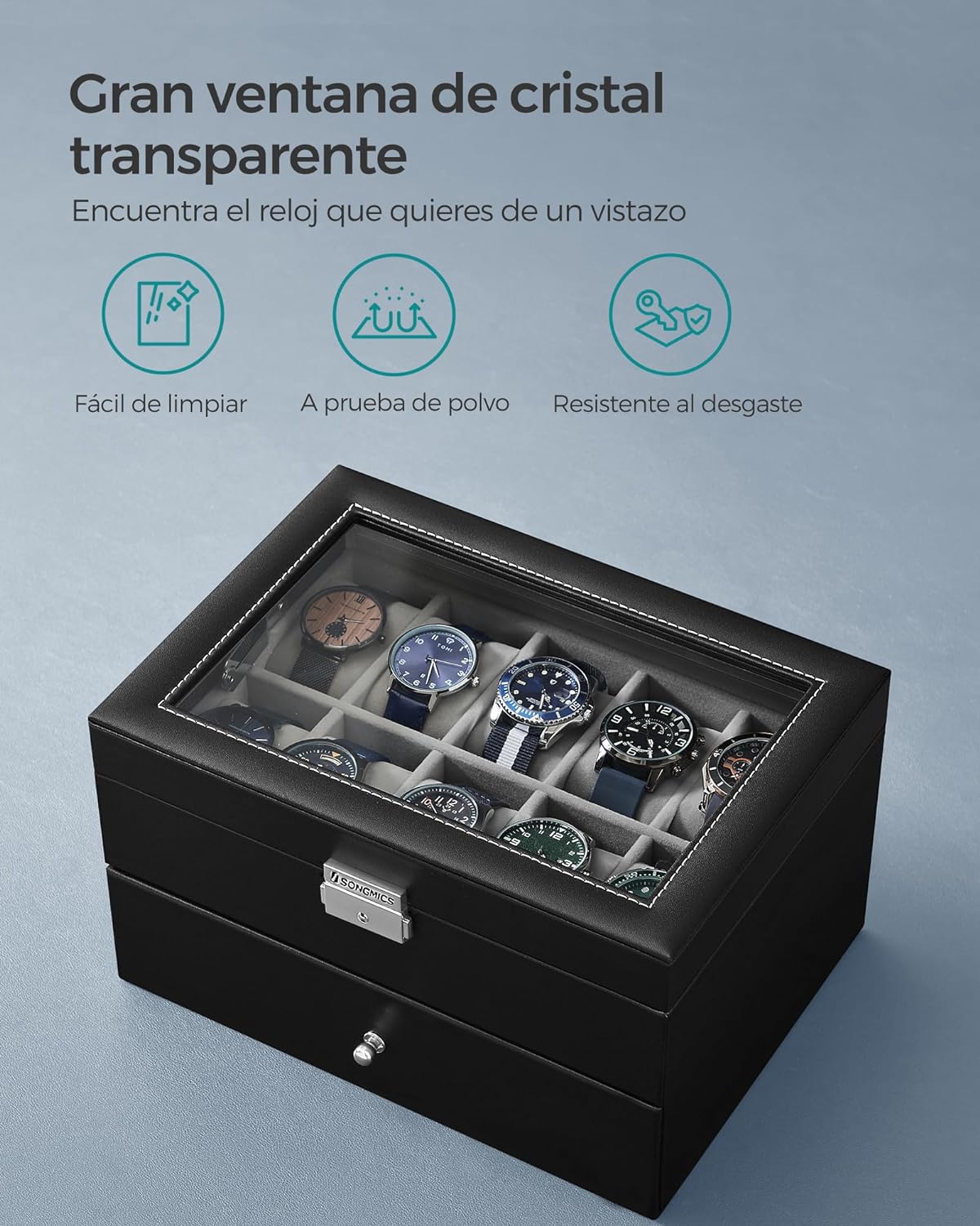 SONGMICS Caja de Relojes, Estuche de Relojes con Tapa de Cristal de 2 Niveles, con Cerradura, 1 Cajón, para Anillos, Pulseras, Regalo Ideal, Cuero Sintético Negro y Forro Gris JWB020