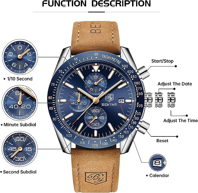 BENYAR - Reloj de Cuarzo para Hombre, Correa de Cuero, diseño Deportivo de Negocios, Resistente a los arañazos, Resistente al Agua, Regalos Elegantes para Hombre