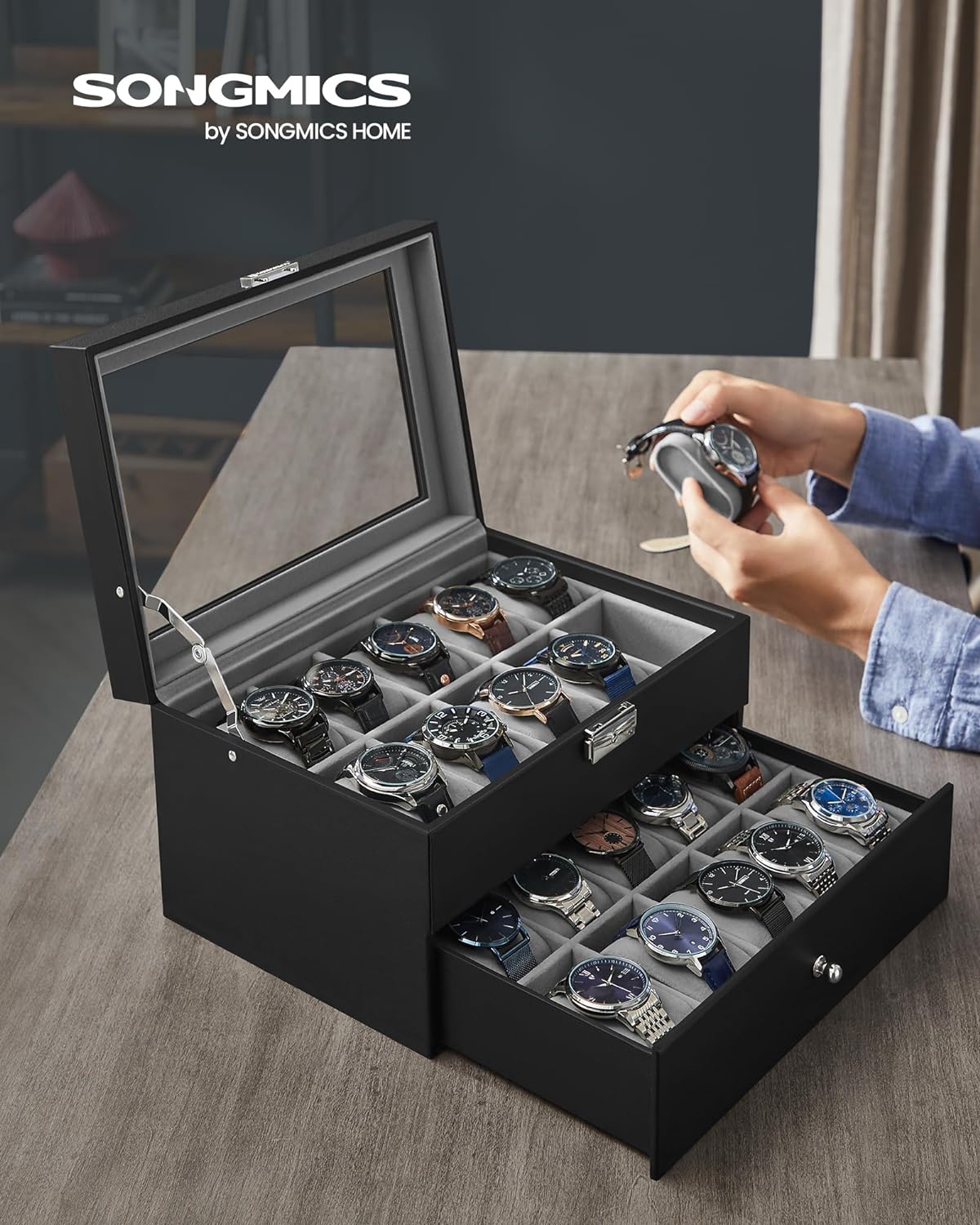 SONGMICS Caja de Relojes, Estuche de Relojes con Tapa de Cristal de 2 Niveles, con Cerradura, 1 Cajón, para Anillos, Pulseras, Regalo Ideal, Cuero Sintético Negro y Forro Gris JWB020