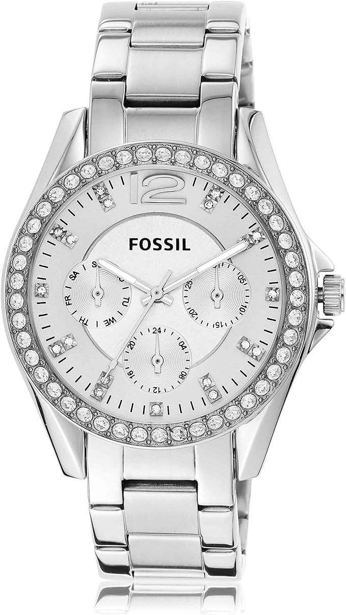 Fossil Riley Reloj para Mujer, Movimiento cronógrafo con Correa de Acero o Piel