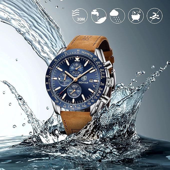 BENYAR - Reloj de Cuarzo para Hombre, Correa de Cuero, diseño Deportivo de Negocios, Resistente a los arañazos, Resistente al Agua, Regalos Elegantes para Hombre