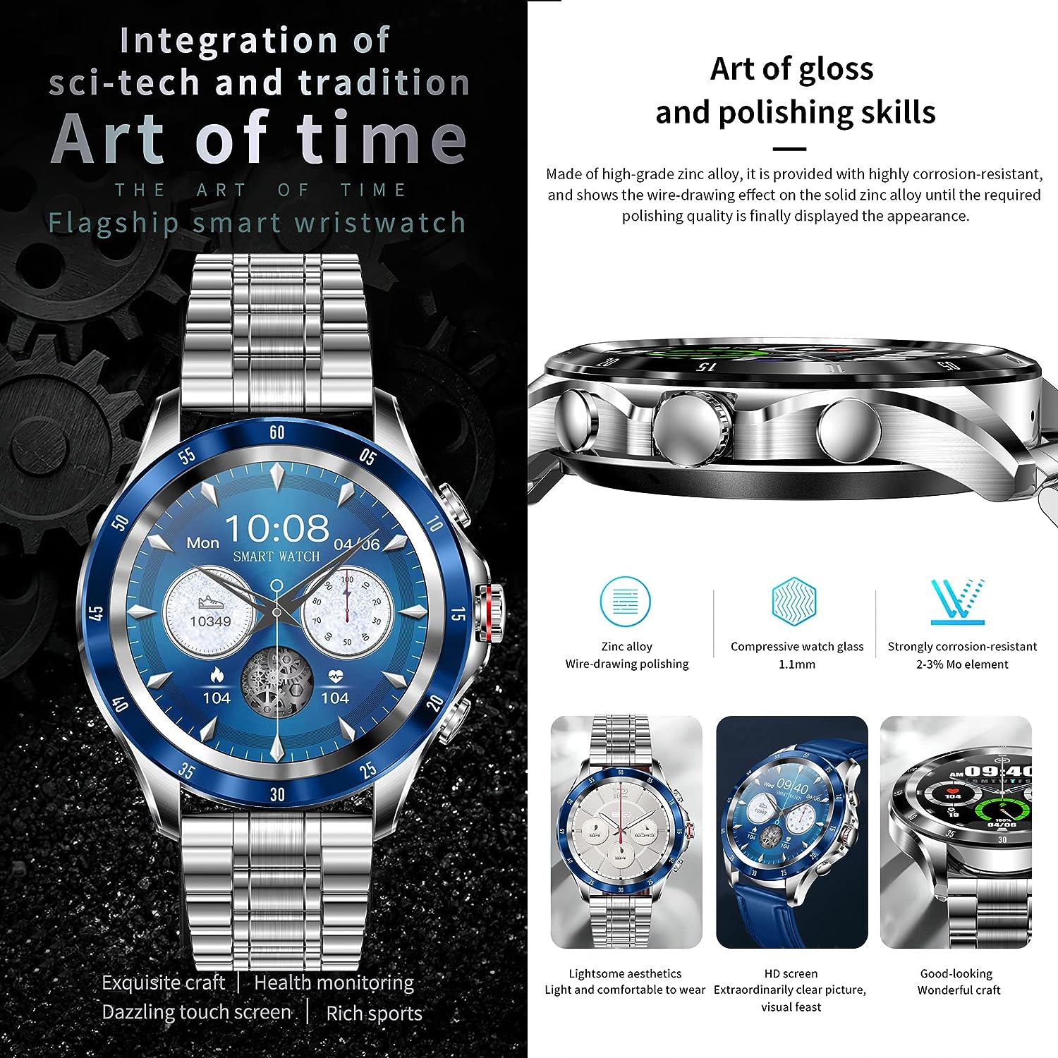 Relojes Inteligente Hombre con Llamadas, Smartwatch Pulsómetro Presión, Monito de Sueño, SpO2, Podómetro Arterial Pulsera Actividad Inteligente Deportivo Reloj para Android y iOS(Plata Azul)