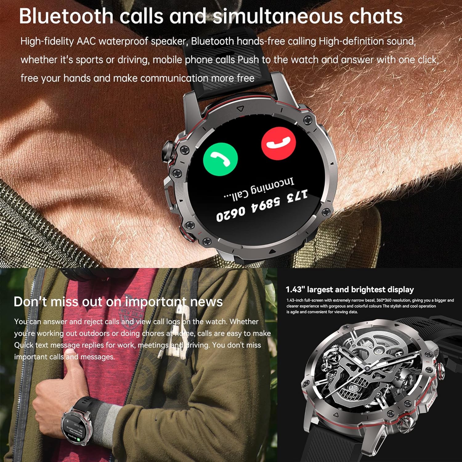 ZPIMY Men's Smart Watch with Call and Whatsapp, 5ATM Waterproof Smartwatch, 1.43" AMOLED Men's Sports Watch with Sleep Monitor, Blood Oxygen, Pedometer, Heart Rate Monitor Android iOS (Silver) 