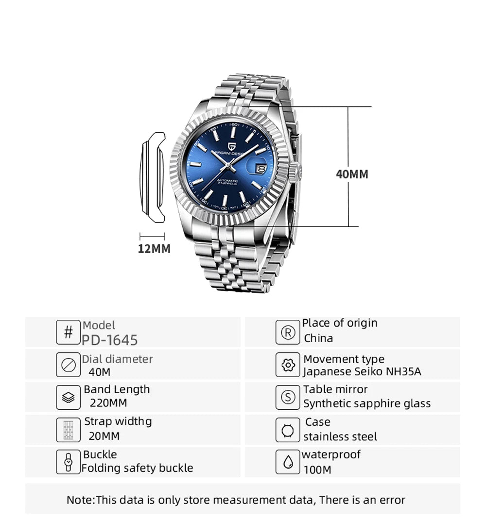 PAGANI DESIGN-reloj mecánico de lujo para hombre, automático, deportivo, de acero inoxidable, resistente al agua, 100M
