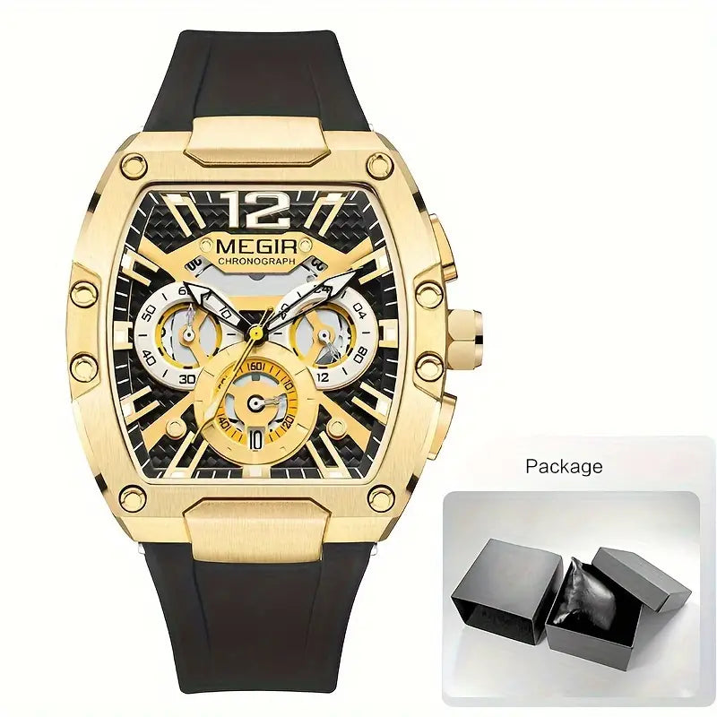 Reloj de cuarzo deportivo de moda MEGIR cronógrafo para mujeres y hombres resistente al agua con puntero tonneau luminoso, calendario analógico y fecha