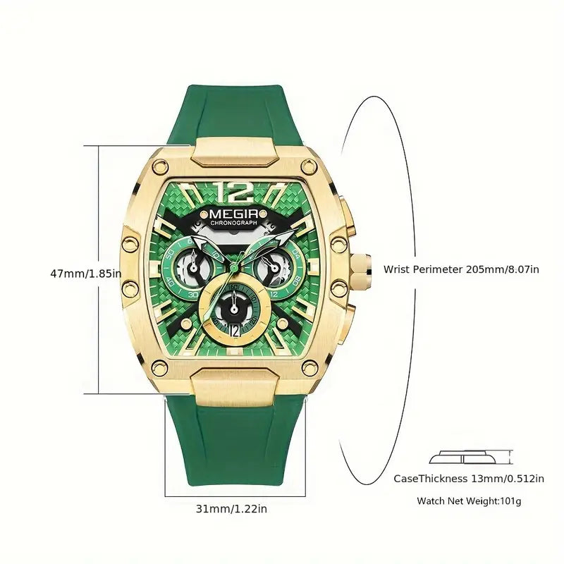 Reloj de cuarzo deportivo de moda MEGIR cronógrafo para mujeres y hombres resistente al agua con puntero tonneau luminoso, calendario analógico y fecha